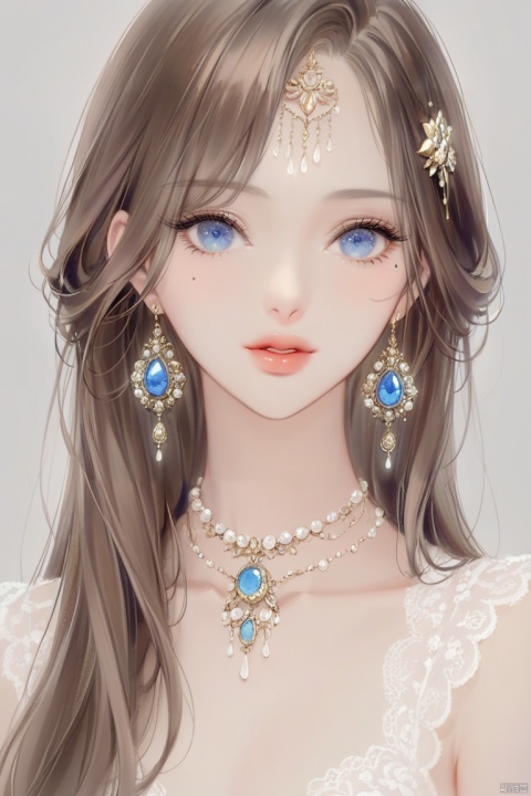 (best quality), ((masterpiece)), (highres), illustration, original, extremely detailed,1girl, solo, jewelry, blue eyes, long hair, brown hair, earrings, necklace, parted lips, simple background, lips, hair ornament, mole, upper body, eyelashes, mole under eye