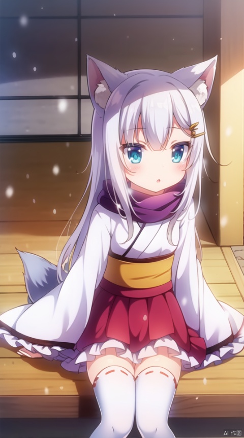  (best quality), ((masterpiece)), (highres), illustration, original, extremely detailed,1girl, solo, snowman, japanese clothes, thighhighs, animal ears, snowing, bell, pink scarf, white thighhighs, sitting, long hair, tail, kimono, ribbon trim, sash, snow, hair ornament, white kimono, frills, fox ears, scarf, obi, hairclip, fox tail, ribbon-trimmed sleeves, long sleeves, flower, jingle bell, bangs, blush, sleeves past wrists, short kimono, aqua eyes, animal ear fluff, frilled kimono, veranda, two side up, :o, miko, frilled skirt, wide sleeves, white hair, outdoors, parted lips, blue eyes