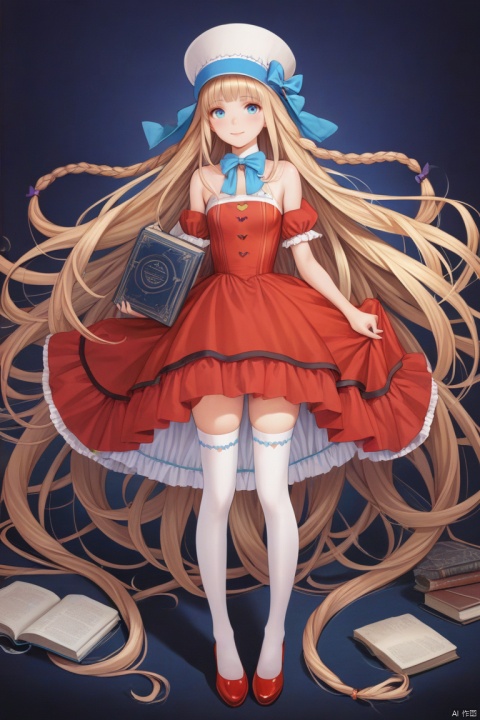 (best quality), ((masterpiece)), (highres), illustration, original, extremely detailed,1girl, long hair, solo, very long hair, braid, thighhighs, book, blonde hair, dress, white thighhighs, striped, full body, hat, red footwear, bow, bare shoulders, vertical stripes, blue eyes, looking at viewer, absurdly long hair, red dress, frills, puffy sleeves, hair bow, short sleeves, detached sleeves, single braid, petticoat, smile, shoes, vertical-striped thighhighs, striped thighhighs