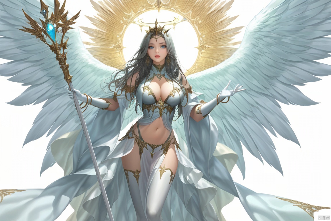 (best quality), ((masterpiece)), (highres), illustration, original, extremely detailed,1girl, solo, wings, navel, jewelry, breasts, long hair, white gloves, gloves, staff, cleavage, thighhighs, holding, midriff, looking at viewer, bracelet, holding staff, parted lips, white background, angel wings, feathered wings, elbow gloves, clothing cutout, large breasts, multiple wings, white thighhighs, earrings, pelvic curtain, angel, blue eyes, simple background, grey hair, black hair, cleavage cutout