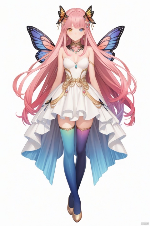 (best quality), ((masterpiece)), (highres), illustration, original, extremely detailed,1girl, solo, long hair, pink hair, heterochromia, full body, thighhighs, white background, hair ornament, dress, asymmetrical legwear, yellow eyes, jewelry, very long hair, looking at viewer, simple background, flower, earrings, wings, standing, bare shoulders, blue eyes, closed mouth, gradient legwear, butterfly hair ornament, white dress