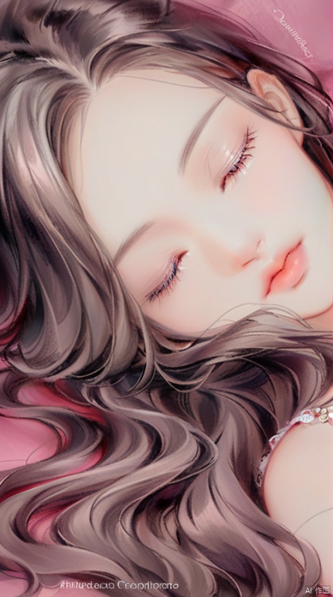 (best quality), ((masterpiece)), (highres), illustration, original, extremely detailed,1girl, solo, closed eyes, long hair, brown hair, aerith gainsborough, portrait, eyelashes, lips, lying, jewelry, wavy hair, parted bangs, artist name