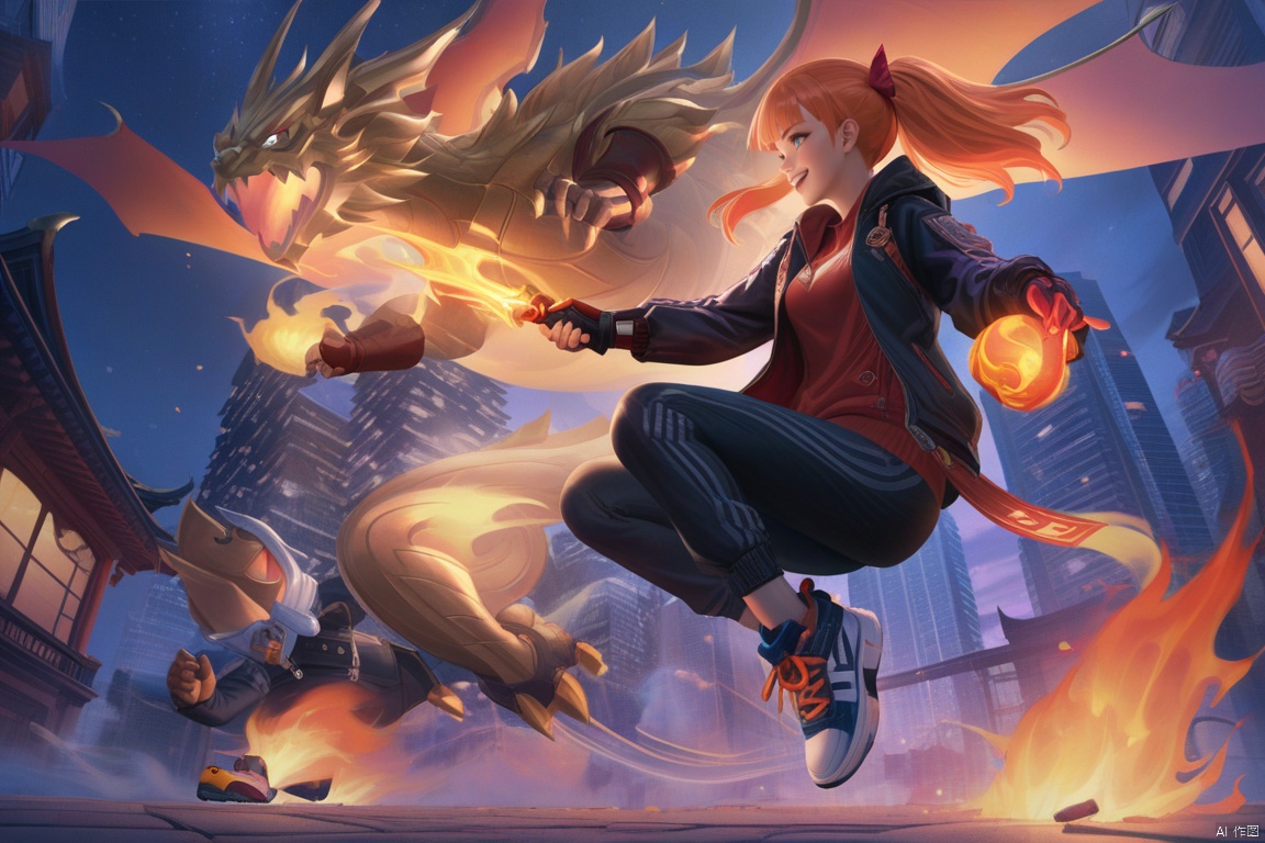 (best quality), ((masterpiece)), (highres), illustration, original, extremely detailed,1girl, blue eyes, gloves, smile, bangs, building, fire, outdoors, jacket, night, blunt bangs, dragon, shoes, fingerless gloves, pants, glowing, holding, long hair, long sleeves, sneakers, twintails, orange hair, weapon