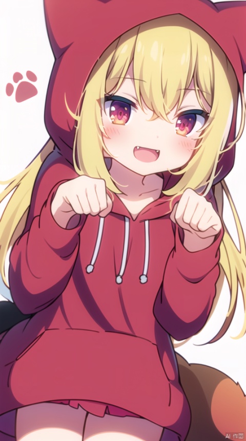  (best quality), ((masterpiece)), (highres), illustration, original, extremely detailed,1girl, hood, solo, tail, blonde hair, cat tail, smile, looking at viewer, red eyes, open mouth, fang, paw pose, hoodie, animal ears, cat ears, bangs, :d, animal hood, long sleeves, white background, blush, hair between eyes, simple background, cat hood, pink hoodie, long hair, hood up, fake animal ears, thighs, drawstring, paw print, cat girl, sleeves past wrists