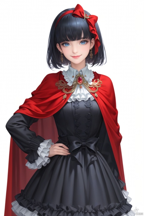 (best quality), ((masterpiece)), (highres), illustration, original, extremely detailed,1girl, solo, blue eyes, black hair, dress, looking at viewer, cape, smile, red cape, short hair, white background, simple background, hand on hip, bow, black dress, hairband, frills, long sleeves, bangs, signature, frilled sleeves, lips, brooch, frilled dress, closed mouth, upper body