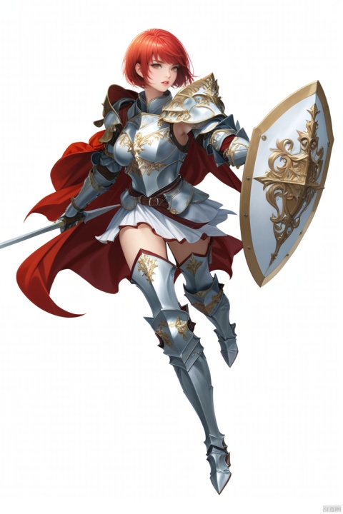 (best quality), ((masterpiece)), (highres), illustration, original, extremely detailed,1girl, weapon, solo, sword, holding, armor, shield, holding weapon, holding sword, red hair, white background, cape, simple background, red cape, full body, shoulder armor, armored boots, knight, boots, short hair, holding shield, greaves, pauldrons, breastplate, parted lips, gauntlets, lips, plate armor