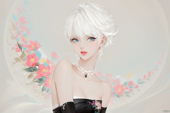 (best quality), ((masterpiece)), (highres), illustration, original, extremely detailed,solo, jewelry, 1girl, necklace, earrings, bare shoulders, white hair, short hair, dress, looking at viewer, upper body, flower, strapless dress, parted lips, strapless, red lips, lips, black dress, elbow gloves, pearl necklace, gloves, blue eyes, makeup, signature