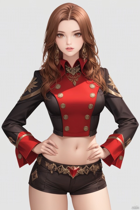 (best quality), ((masterpiece)), (highres), illustration, original, extremely detailed,1girl, solo, navel, brown hair, shorts, hands on hips, jewelry, long hair, earrings, white background, brown eyes, looking at viewer, cowboy shot, simple background, short shorts, breasts, parted lips, long sleeves, black shorts, signature, medium breasts, lips