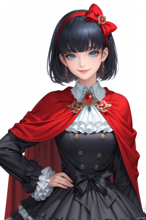 (best quality), ((masterpiece)), (highres), illustration, original, extremely detailed,1girl, solo, blue eyes, black hair, dress, looking at viewer, cape, smile, red cape, short hair, white background, simple background, hand on hip, bow, black dress, hairband, frills, long sleeves, bangs, signature, frilled sleeves, lips, brooch, frilled dress, closed mouth, upper body