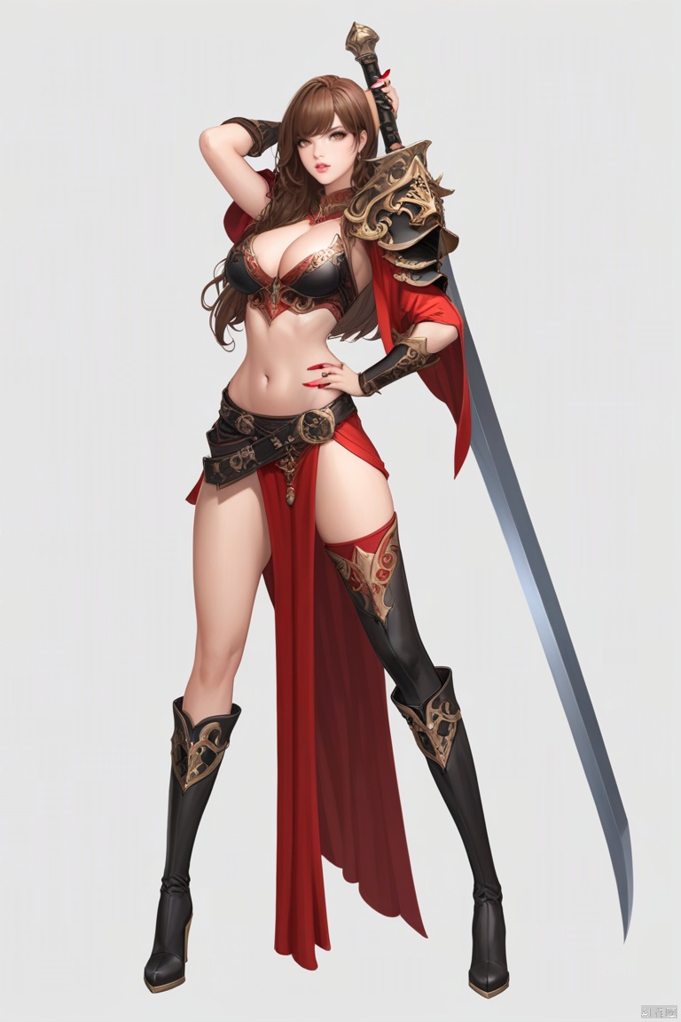 (best quality), ((masterpiece)), (highres), illustration, original, extremely detailed,1girl, breasts, solo, weapon, boots, brown hair, sword, long hair, full body, holding, holding weapon, hand on hip, white background, navel, thighhighs, cleavage, looking at viewer, high heels, simple background, large breasts, holding sword, midriff, high heel boots, parted lips, standing, shoulder armor, black footwear, knee boots, huge weapon, pelvic curtain, asymmetrical legwear, single thighhigh, brown eyes, red nails, armor, arm up, bangs, lips, thigh boots, nail polish