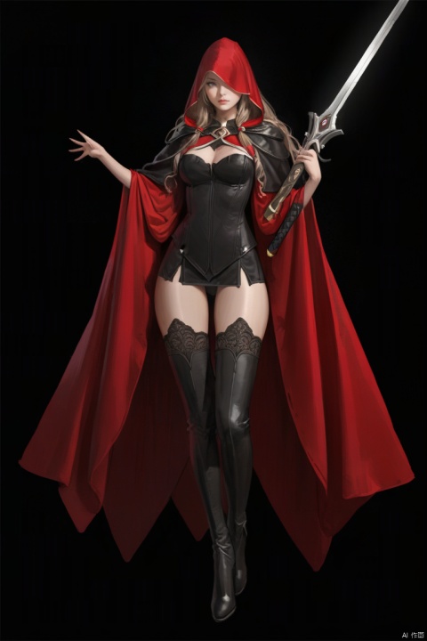 (best quality), ((masterpiece)), (highres), illustration, original, extremely detailed,1girl, solo, weapon, long hair, thighhighs, holding weapon, sword, holding, hood, thigh boots, full body, holding sword, boots, black background, red hood, very long hair, dress, simple background, standing, hand up, cloak, red cloak, looking at viewer, hood up, cape, hair over one eye, closed mouth, black footwear, breasts, hooded cloak, zettai ryouiki