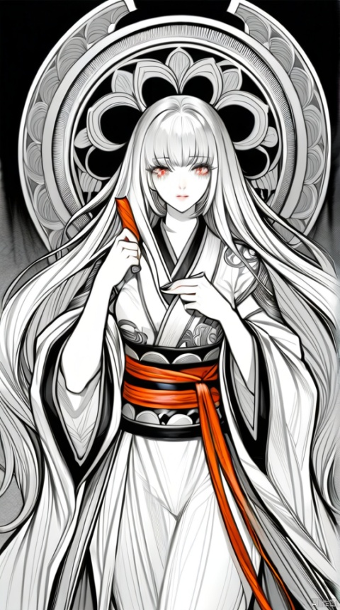  (best quality), ((masterpiece)), (highres), illustration, original, extremely detailed, solo, 1girl, long hair, traditional media, spot color, monochrome, white hair, wide sleeves