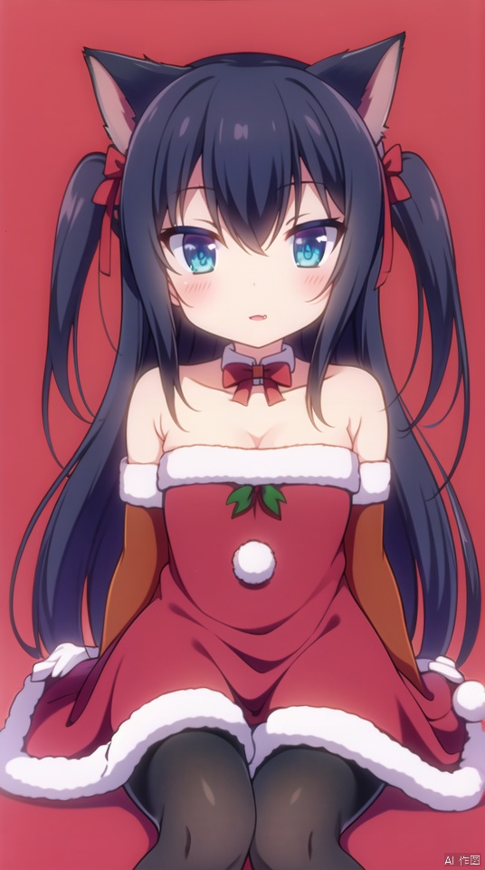  (best quality), ((masterpiece)), (highres), illustration, original, extremely detailed,1girl, solo, gloves, black hair, elbow gloves, animal ears, bow, cat ears, long hair, breasts, tail, cat tail, blue eyes, bare shoulders, looking at viewer, pantyhose, hair bow, holding, red gloves, sack, fur trim, red bow, black pantyhose, strapless, bell, very long hair, small breasts, open mouth, cat girl, bangs, red dress, dress, red skirt, skirt, cleavage, santa costume, hand up, two side up, christmas, feet out of frame, black bow, blush, strapless dress, fang, fur-trimmed dress, holding sack, sitting, knees up, fur-trimmed gloves, collarbonebackground, :p, juliet sleeves, red bowtie, small breasts, hair between eyes, skirt hold, very long hair, sleeves past wrists, breasts, cowboy shot, red ribbon, grey background, bowtie, clothes lift, ribbon, white background