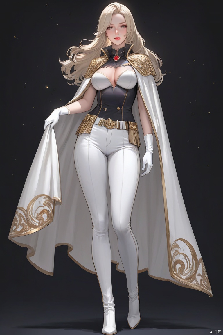  (best quality), ((masterpiece)), (highres), illustration, original, extremely detailed,1girl, solo, long hair, gloves, black background, white gloves, full body, pants, looking at viewer, breasts, white hair, blonde hair, white footwear, cape, simple background, standing, white pants