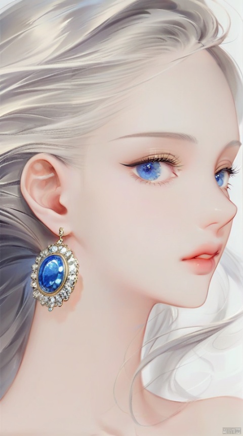 (best quality), ((masterpiece)), (highres), illustration, original, extremely detailed,1girl, solo, jewelry, earrings, blue eyes, portrait, gem, parted lips, long hair, eyelashes, looking at viewer, lips, close-up, simple background, blue gemstone, floating hair, white background, grey hair