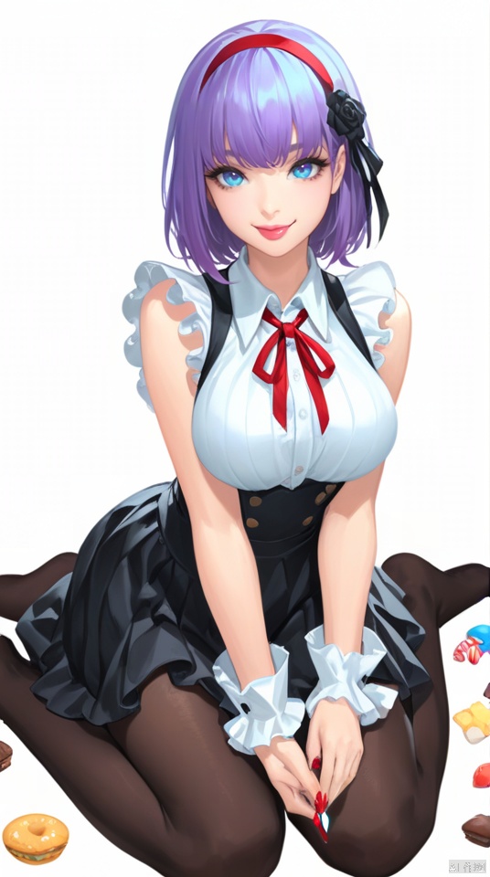 (best quality), ((masterpiece)), (highres), illustration, original, extremely detailed,1girl, shidare hotaru, solo, suspenders, suspender skirt, black flower, red nails, black rose, high-waist skirt, ringed eyes, skirt, shirt, flower, rose, blue eyes, pantyhose, large breasts, short hair, breasts, hairband, hair flower, nail polish, ribbon, hair ornament, black skirt, sitting, sleeveless, purple hair, white shirt, looking at viewer, no shoes, white background, black pantyhose, bangs, frills, tongue out, red ribbon, food, simple background, wrist cuffs, wariza, full body, tongue, sweets, sleeveless shirt, collared shirt, signature, smile, licking lips, on floor, holding, candy, eyelashes, hair ribbon, neck ribbon, holding food