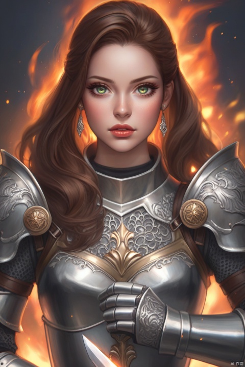  (best quality), ((masterpiece)), (highres), illustration, original, extremely detailed,1girl, solo, armor, looking at viewer, sword, weapon, long hair, brown hair, earrings, jewelry, gauntlets, lips, knight, holding, freckles, holding sword, fire, upper body, holding weapon, shoulder armor, forehead, realistic, plate armor, parted lips, green eyes