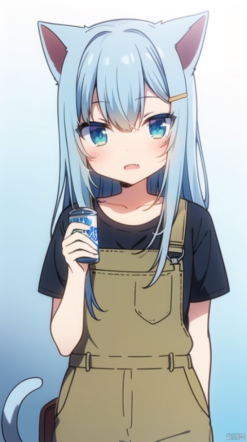  (best quality), ((masterpiece)), (highres), illustration, original, extremely detailed,solo, 1girl, shoulder bag, overalls, animal ears, bangs, shirt, grey hair, hair ornament, bag, blue eyes, short sleeves, long hair, tail, cat ears, holding, black shirt, looking at viewer, overall shorts, collarbone, hairclip, heart, cat tail, hair between eyes, cat girl, holding can, cat print, open mouth, blush, can, gradient background, gradient, fang