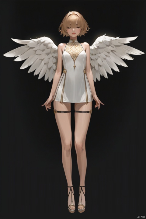 (best quality), ((masterpiece)), (highres), illustration, original, extremely detailed,1girl, solo, wings, short hair, angel wings, hair over eyes, full body, dress, short dress, white dress, simple background, facing viewer, thigh strap, blonde hair, angel, closed mouth, standing, black background, white wings, bare shoulders, sleeveless