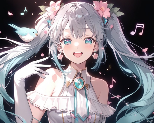  (best quality), ((masterpiece)), (highres), illustration, original, extremely detailed, 1girl, bird, long hair, gloves, open mouth, musical note, twintails, solo, jewelry, hair ornament, earrings, white gloves, smile, hair flower, hatsune miku, flower, upper body, elbow gloves, petals, black background, blue eyes, :d, bangs, bare shoulders, dress, pink flower, hand up, animal, eighth note, grey hair, animal on shoulder