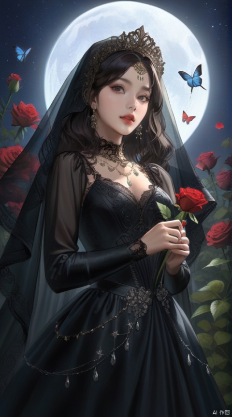 (best quality), ((masterpiece)), (highres), illustration, original, extremely detailed,1girl, veil, solo, flower, looking at viewer, moon, holding flower, rose, holding, petals, bug, butterfly, black hair, jewelry, dress, night, nail polish, star \(symbol\), sky, upper body, parted lips