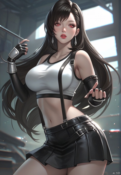  (best quality), ((masterpiece)), (highres), illustration, original, extremely detailed,1girl, tifa lockhart, crop top, breasts, long hair, gloves, suspenders, skirt, solo, fingerless gloves, jewelry, earrings, large breasts, tank top, black hair, red eyes, black skirt, midriff, suspender skirt, elbow gloves, looking at viewer, elbow pads, low-tied long hair, parted lips, white tank top, taut clothes, clenched hand, taut shirt, arm guards