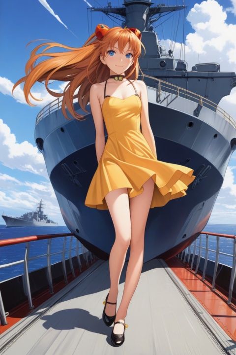 (best quality), ((masterpiece)), (highres), illustration, original, extremely detailed,1girl, solo, dress, blue eyes, long hair, military vehicle, choker, souryuu asuka langley, yellow dress, shoes, mary janes, sky, hand on hip, full body, orange hair, standing, long legs, warship, wind, breasts, ship, watercraft, wind lift, two side up, day, military, legs apart, legs, looking at viewer, cloud, small breasts, bangs, short dress, closed mouth, outdoors, floating hair, bare shoulders, railing, blue sky, smile, sleeveless, bare legs, sleeveless dress, sundress, collarbone, hair ornament, arm at side, light smile