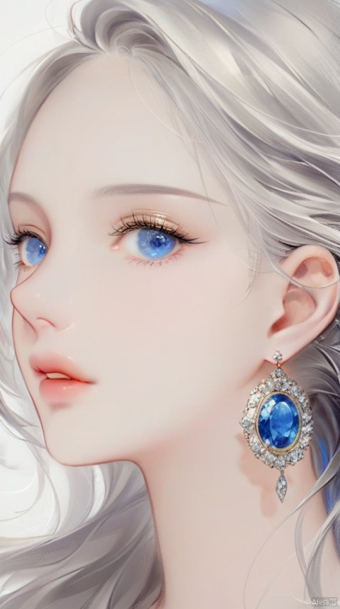(best quality), ((masterpiece)), (highres), illustration, original, extremely detailed,1girl, solo, jewelry, earrings, blue eyes, portrait, gem, parted lips, long hair, eyelashes, looking at viewer, lips, close-up, simple background, blue gemstone, floating hair, white background, grey hair