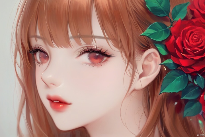 (best quality), ((masterpiece)), (highres), illustration, original, extremely detailed,1girl, solo, flower, red eyes, rose, red flower, eyelashes, red rose, parted lips, portrait, lips, bangs, looking at viewer, hair flower, close-up, long hair, hair ornament, brown hair, red lips, leaf