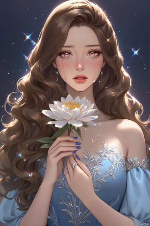  (best quality), ((masterpiece)), (highres), illustration, original, extremely detailed,1girl, crying, solo, crying with eyes open, long hair, tears, flower, brown hair, holding, sparkle, nail polish, upper body, blue nails, holding flower, streaming tears, parted lips, dress, looking at viewer