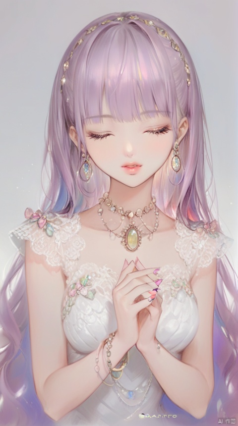 (best quality), ((masterpiece)), (highres), illustration, original, extremely detailed,1girl, solo, jewelry, closed eyes, long hair, bracelet, earrings, own hands together, nail polish, gem, upper body, parted lips, necklace, bangs, facing viewer, artist name