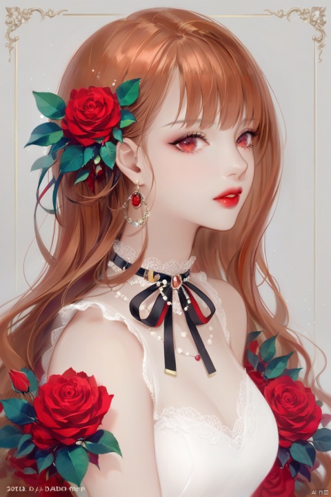(best quality), ((masterpiece)), (highres), illustration, original, extremely detailed,1girl, flower, solo, red eyes, long hair, rose, hair ornament, red flower, parted lips, hair flower, upper body, red rose, red lips, bangs, jewelry, looking at viewer, makeup, brown hair, lips, sleeveless, dated, eyelashes, dress, choker, ribbon, artist name, neck ribbon, lipstick, earrings, necklace