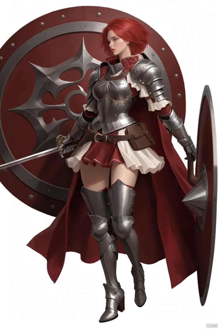 (best quality), ((masterpiece)), (highres), illustration, original, extremely detailed,1girl, weapon, solo, sword, holding, armor, shield, holding weapon, holding sword, red hair, white background, cape, simple background, red cape, full body, shoulder armor, armored boots, knight, boots, short hair, holding shield, greaves, pauldrons, breastplate, parted lips, gauntlets, lips, plate armor