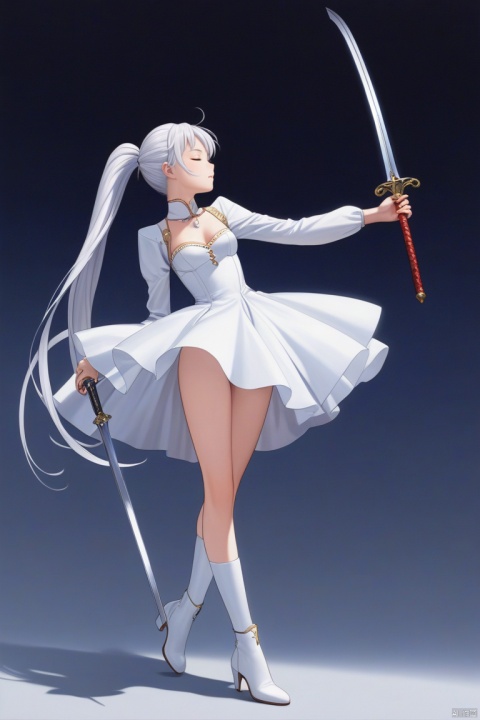 (best quality), ((masterpiece)), (highres), illustration, original, extremely detailed,1girl, weiss schnee, solo, long hair, weapon, sword, holding sword, holding weapon, closed eyes, dress, boots, holding, white hair, left-handed, rapier, ponytail, white dress, jewelry, arm up, gradient, necklace, profile, gradient background, breasts, from side, very long hair, standing on one leg, small breasts, long sleeves, white footwear