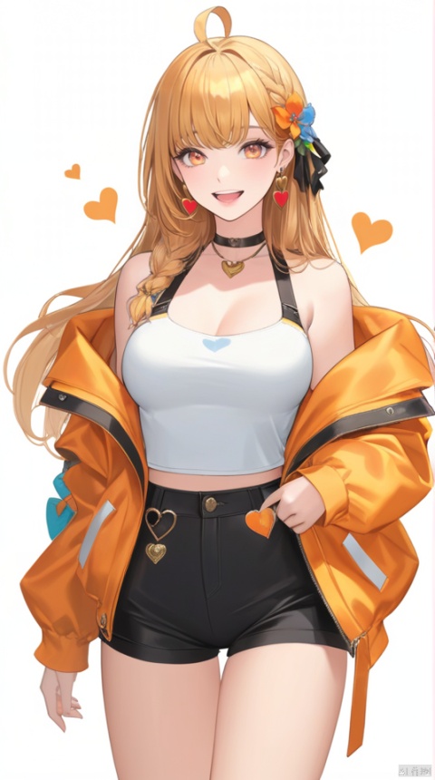  (best quality), ((masterpiece)), (highres), illustration, original, extremely detailed,1girl, long hair, solo, jacket, orange jacket, looking at viewer, hair flower, hair ornament, flower, blonde hair, smile, white background, simple background, off shoulder, holding, yellow jacket, open mouth, white shirt, jewelry, earrings, bangs, orange eyes, shorts, blush, very long hair, bare shoulders, shirt, open jacket, thighs, breasts, long sleeves, choker, open clothes, ahoge, black shorts, :d, bare legs, black choker, sleeveless shirt, sleeveless, standing, multicolored jacket, braid, heart, short shorts, black skirt, ribbon