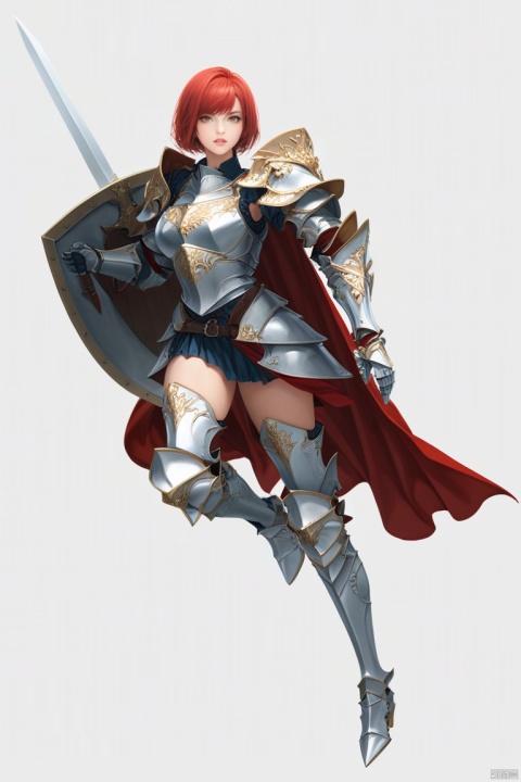 (best quality), ((masterpiece)), (highres), illustration, original, extremely detailed,1girl, weapon, solo, sword, holding, armor, shield, holding weapon, holding sword, red hair, white background, cape, simple background, red cape, full body, shoulder armor, armored boots, knight, boots, short hair, holding shield, greaves, pauldrons, breastplate, parted lips, gauntlets, lips, plate armor