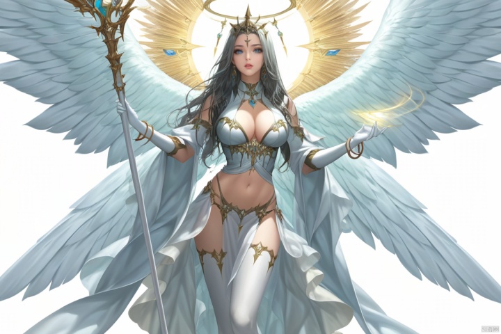 (best quality), ((masterpiece)), (highres), illustration, original, extremely detailed,1girl, solo, wings, navel, jewelry, breasts, long hair, white gloves, gloves, staff, cleavage, thighhighs, holding, midriff, looking at viewer, bracelet, holding staff, parted lips, white background, angel wings, feathered wings, elbow gloves, clothing cutout, large breasts, multiple wings, white thighhighs, earrings, pelvic curtain, angel, blue eyes, simple background, grey hair, black hair, cleavage cutout