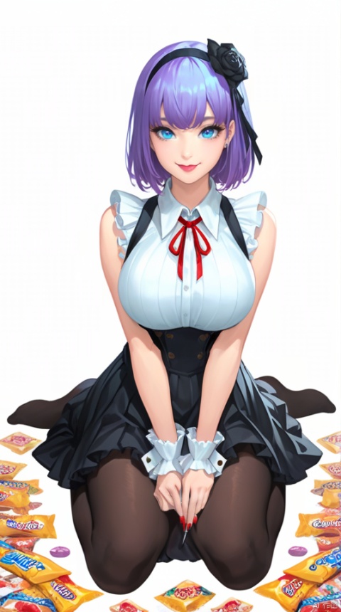 (best quality), ((masterpiece)), (highres), illustration, original, extremely detailed,1girl, shidare hotaru, solo, suspenders, suspender skirt, black flower, red nails, black rose, high-waist skirt, ringed eyes, skirt, shirt, flower, rose, blue eyes, pantyhose, large breasts, short hair, breasts, hairband, hair flower, nail polish, ribbon, hair ornament, black skirt, sitting, sleeveless, purple hair, white shirt, looking at viewer, no shoes, white background, black pantyhose, bangs, frills, tongue out, red ribbon, food, simple background, wrist cuffs, wariza, full body, tongue, sweets, sleeveless shirt, collared shirt, signature, smile, licking lips, on floor, holding, candy, eyelashes, hair ribbon, neck ribbon, holding food