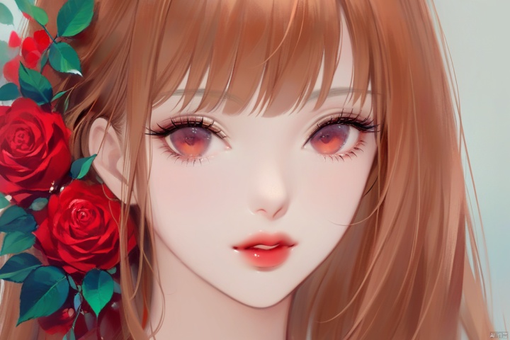 (best quality), ((masterpiece)), (highres), illustration, original, extremely detailed,1girl, solo, flower, red eyes, rose, red flower, eyelashes, red rose, parted lips, portrait, lips, bangs, looking at viewer, hair flower, close-up, long hair, hair ornament, brown hair, red lips, leaf
