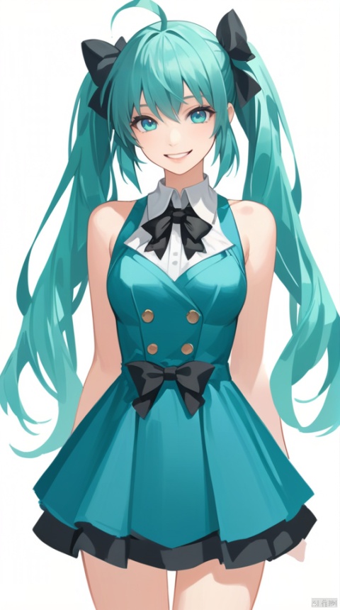 (best quality), ((masterpiece)), (highres), illustration, original, extremely detailed,solo, 1girl, hatsune miku, white background, long hair, smile, twintails, dress, bow, simple background, looking at viewer, blue eyes, blue dress, hair bow, ahoge, cowboy shot, very long hair, black bow, sleeveless, bangs