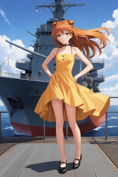 (best quality), ((masterpiece)), (highres), illustration, original, extremely detailed,1girl, solo, dress, blue eyes, long hair, military vehicle, choker, souryuu asuka langley, yellow dress, shoes, mary janes, sky, hand on hip, full body, orange hair, standing, long legs, warship, wind, breasts, ship, watercraft, wind lift, two side up, day, military, legs apart, legs, looking at viewer, cloud, small breasts, bangs, short dress, closed mouth, outdoors, floating hair, bare shoulders, railing, blue sky, smile, sleeveless, bare legs, sleeveless dress, sundress, collarbone, hair ornament, arm at side, light smile