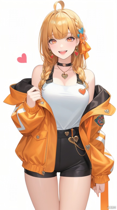  (best quality), ((masterpiece)), (highres), illustration, original, extremely detailed,1girl, long hair, solo, jacket, orange jacket, looking at viewer, hair flower, hair ornament, flower, blonde hair, smile, white background, simple background, off shoulder, holding, yellow jacket, open mouth, white shirt, jewelry, earrings, bangs, orange eyes, shorts, blush, very long hair, bare shoulders, shirt, open jacket, thighs, breasts, long sleeves, choker, open clothes, ahoge, black shorts, :d, bare legs, black choker, sleeveless shirt, sleeveless, standing, multicolored jacket, braid, heart, short shorts, black skirt, ribbon