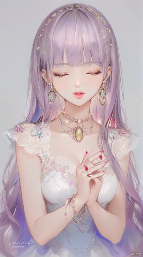 (best quality), ((masterpiece)), (highres), illustration, original, extremely detailed,1girl, solo, jewelry, closed eyes, long hair, bracelet, earrings, own hands together, nail polish, gem, upper body, parted lips, necklace, bangs, facing viewer, artist name