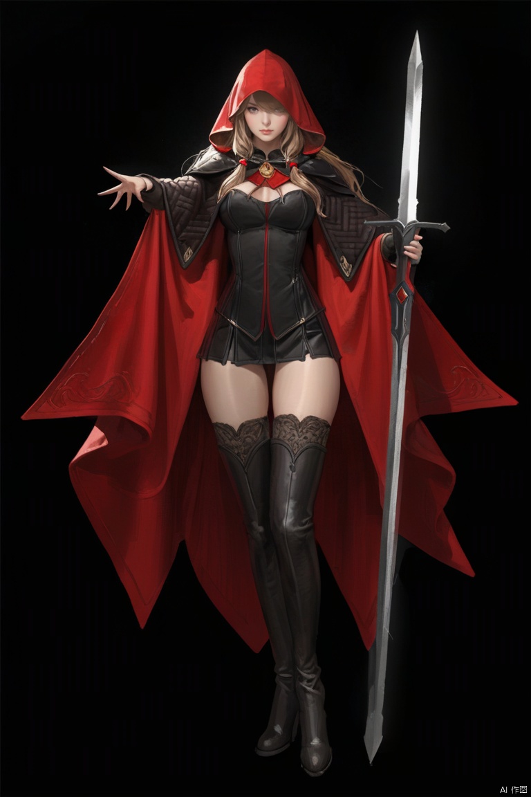 (best quality), ((masterpiece)), (highres), illustration, original, extremely detailed,1girl, solo, weapon, long hair, thighhighs, holding weapon, sword, holding, hood, thigh boots, full body, holding sword, boots, black background, red hood, very long hair, dress, simple background, standing, hand up, cloak, red cloak, looking at viewer, hood up, cape, hair over one eye, closed mouth, black footwear, breasts, hooded cloak, zettai ryouiki