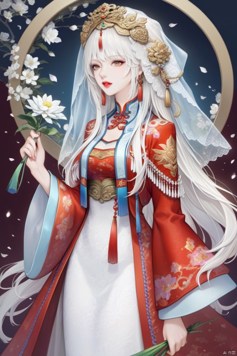 (best quality), ((masterpiece)), (highres), illustration, original, extremely detailed,1girl, flower, solo, long hair, white hair, dress, veil, holding, holding flower, long sleeves, jewelry, necklace, wide sleeves, beads, petals, chinese clothes, red lips, white flower, tassel