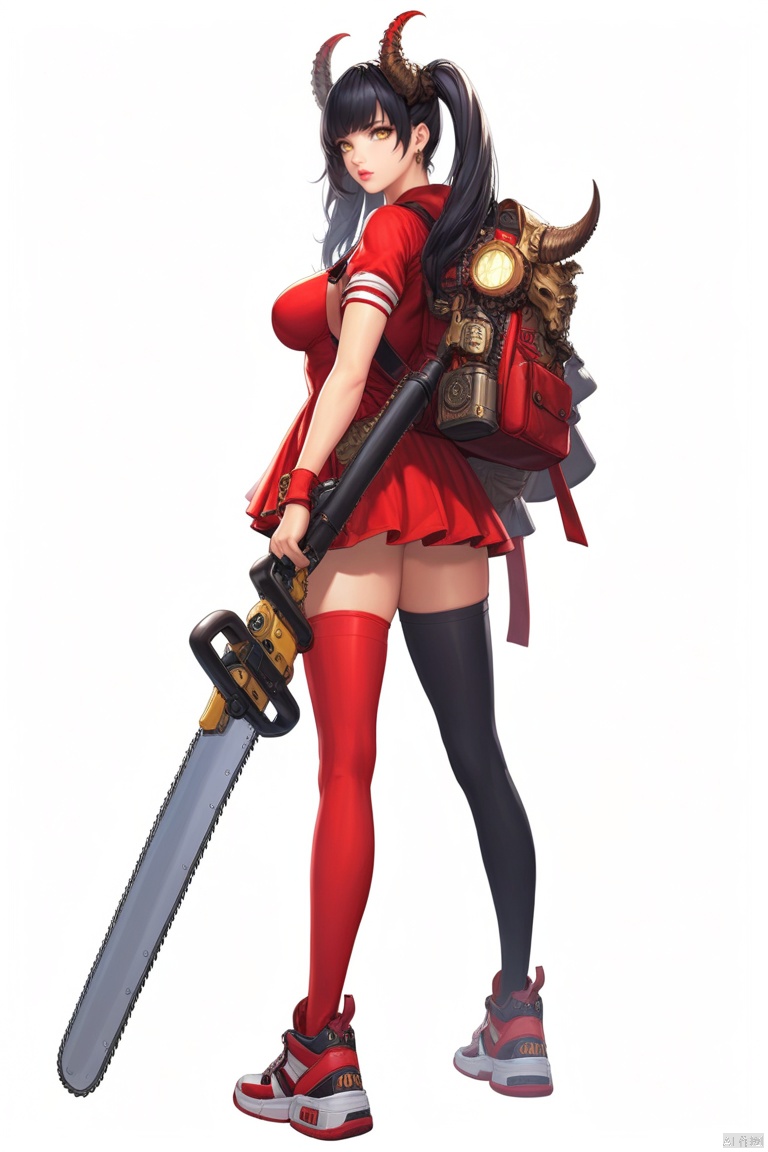 (best quality), ((masterpiece)), (highres), illustration, original, extremely detailed,1girl, solo, chainsaw, black hair, twintails, full body, shoes, horns, backpack, white background, single thighhigh, looking at viewer, red dress, simple background, breasts, sneakers, lips, weapon, looking back, yellow eyes, large breasts, standing, bag, bangs, dress, long hair, asymmetrical clothes, armor