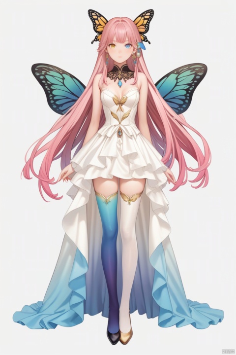 (best quality), ((masterpiece)), (highres), illustration, original, extremely detailed,1girl, solo, long hair, pink hair, heterochromia, full body, thighhighs, white background, hair ornament, dress, asymmetrical legwear, yellow eyes, jewelry, very long hair, looking at viewer, simple background, flower, earrings, wings, standing, bare shoulders, blue eyes, closed mouth, gradient legwear, butterfly hair ornament, white dress