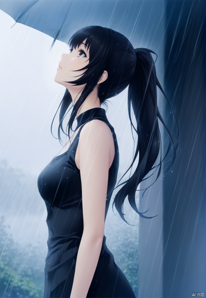  (best quality), ((masterpiece)), (highres), illustration, original, extremely detailed,1girl, rain, solo, black hair, long hair, ponytail, from side, blurry, sleeveless, looking up