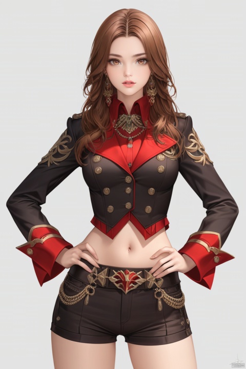 (best quality), ((masterpiece)), (highres), illustration, original, extremely detailed,1girl, solo, navel, brown hair, shorts, hands on hips, jewelry, long hair, earrings, white background, brown eyes, looking at viewer, cowboy shot, simple background, short shorts, breasts, parted lips, long sleeves, black shorts, signature, medium breasts, lips