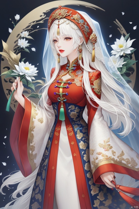 (best quality), ((masterpiece)), (highres), illustration, original, extremely detailed,1girl, flower, solo, long hair, white hair, dress, veil, holding, holding flower, long sleeves, jewelry, necklace, wide sleeves, beads, petals, chinese clothes, red lips, white flower, tassel
